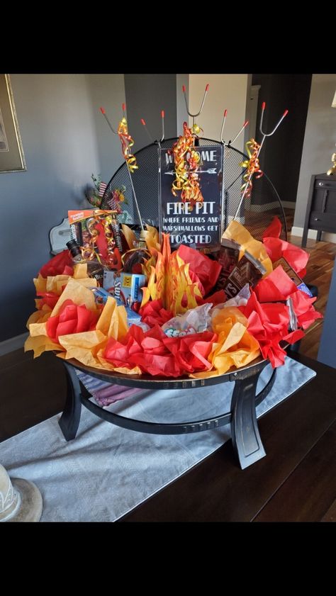 Fire Pit Gift Basket, Tricky Tray Baskets, Silent Auction Gift Basket Ideas, Raffle Gift Basket Ideas, Silent Auction Basket, Auction Gift Basket Ideas, Tricky Tray, Chinese Auction, Football Fundraiser