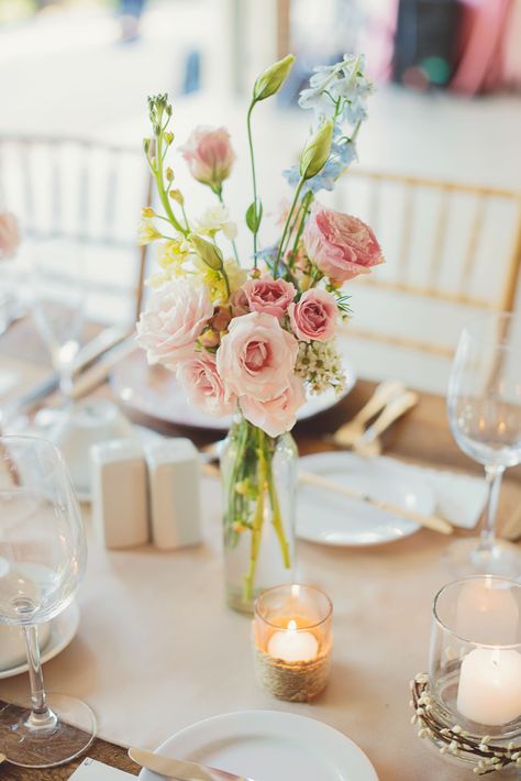 Pink Floral Centerpiece in Bud Vase Diy Long Flower Arrangements, Small Wedding Flower Centerpieces, Wedding Centerpeices, Bud Vases Wedding, Bud Vases Arrangements, Small Arrangements, Bud Vase Centerpiece, Bud Vases Flowers, Pink Flower Arrangements