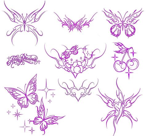 Best Friend Tattoos Alternative, Grunge Y2k Tattoo Ideas, Pointy Butterfly Tattoo, Cynthia Tattoo, Tats Between Breast, Tatuaje Hello Kitty, Tato Minimal, Hello Kitty Tattoos, Pretty Hand Tattoos