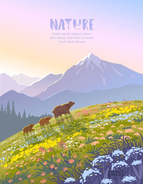 Vector illustration Beautiful view on a mountains and bear families Bear Hiking Illustration, Beautiful Landscapes To Draw, Cute Art Landscape, Illustrator Landscape Vector, Cute Mountain Illustration, Mountain Illustration Art, Mountain Forest Illustration, Cute Landscape Illustration, Cute Nature Illustration