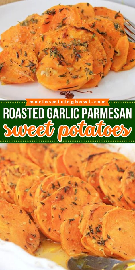 A must-have at your Thanksgiving dinner party! These roasted sweet potatoes are the BEST. Not only are these oven roasted garlic parmesan potatoes tender and flavorful, but they are also healthy. Definitely a perfect Thanksgiving side dish recipe! Roasted Garlic Sweet Potatoes, Garlic Butter Sweet Potato, Oven Roasted Sweet Potato Recipes, Garlic Parmesan Sweet Potatoes, Roasted Garlic Parmesan Potatoes, Parmesan Sweet Potatoes, Garlic Sweet Potatoes, Baked Sweet Potato Slices, Healthy Thanksgiving Dinner