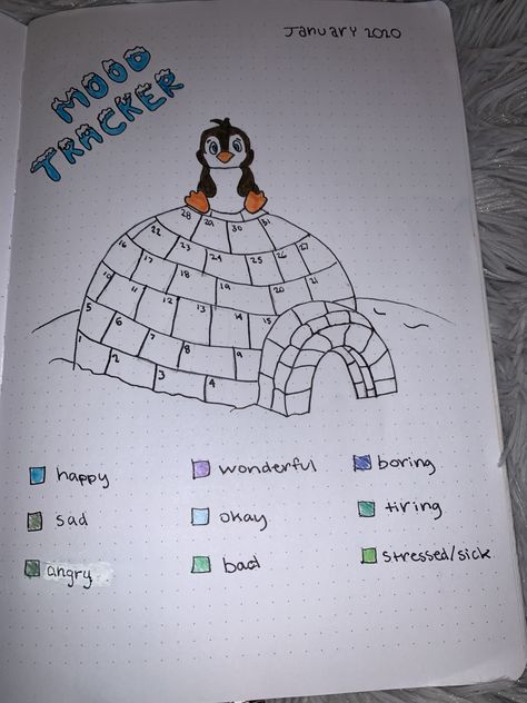 Mood Tracker Notebook, Planer Ideas Diy January, Journal Mood Tracker Ideas January, January Dot Journal Ideas, January Weather Tracker, Turkey Mood Tracker, Mood Tracker Gennaio, Bujo January Mood Tracker, Bulett Journal Page Ideas January