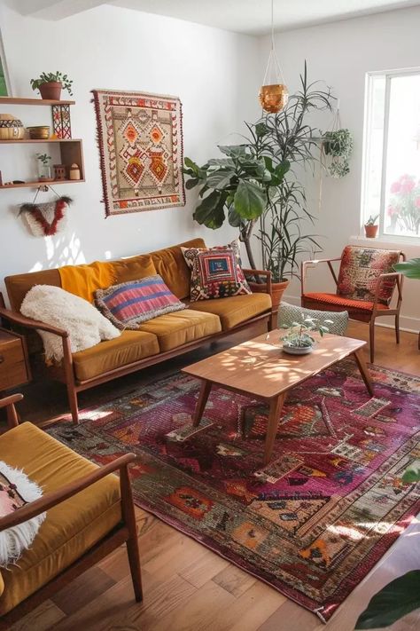 26 Retro Style Living Room Ideas: Embrace Nostalgia and Modern Design - Tips and Inspiration - placeideal.com Boho Living Room Carpet, Colourful Boho Living Room, Retro Style Living Room, Moroccan Rug Living Room, Living Room Design Boho, Bohemian Rug Living Room, Boho Interior Design, Boho Rugs, Retro Living Rooms