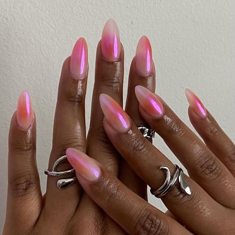 | summer aura + chrome 🌅 @apresnailofficial natural medium almond | Instagram August Nails Chrome, Coloured Ombré Nails, Nail Inspo Chrome French, Cute Trendy Summer Nails, Ora Nails Design, Chrome Nails Multi Color, Metallic Aura Nails, Pink Purple Aura Nails, Summer Back To School Nails