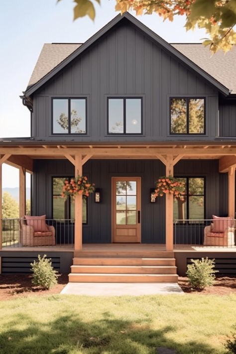 40 Cozy Farmhouse Porch Column Designs for a Welcoming Outdoor Space Front Porch Additions Before And After, Front Porch Building Ideas Design, Old Farmhouse Porch Decor, Old Modern Farmhouse Exterior, Country Farmhouse Exterior Paint Colors, Fixer Upper Houses Exterior, Wood Beam House Exterior, House On Columns, Dark Gray Mountain House Exterior