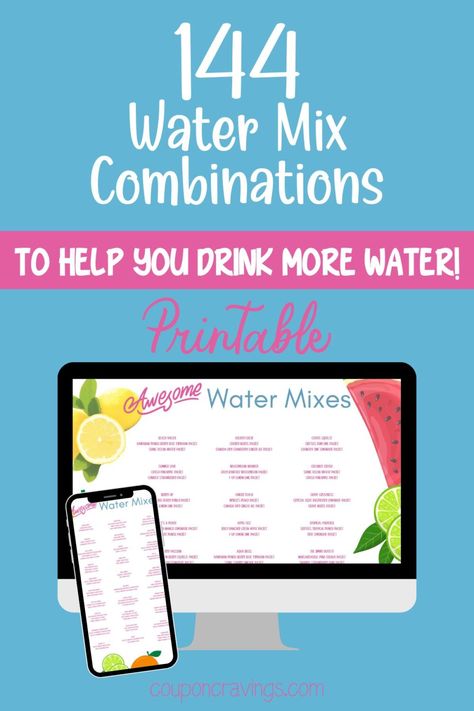 144 water mixes you can make with flavor packets Sugar Free Water Flavoring Recipes, Flavored Water Recipes Syrup, Flavor Water Packet Recipes, Water Flavor Ideas Packets Recipes, Water Syrup Recipes, Water Mixes Recipes, Water Drink Mix Combinations, Water Flavor Packet Recipes, Water Flavor Ideas