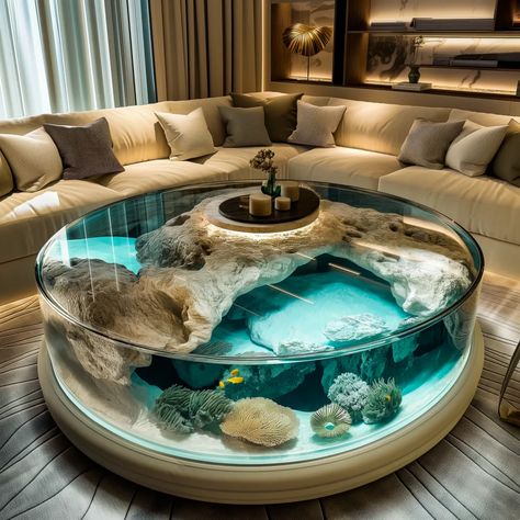 Fishtank Ideas Furniture, Aquarium In Living Room, Aquarium In House, Coffee Table Aquarium, Coffee Table Fish Tank, Living Aquarium, Aquarium Table, Magical Interior, Table Aquarium