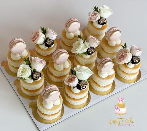 Mini Cake Dessert Table, Mini Cakes With Macarons, Elegant Mini Cakes, Personal Cakes Mini, Mini 3 Tier Cake, Petit Cakes, Personal Cakes, Nyc Cake, Mini Wedding Cakes