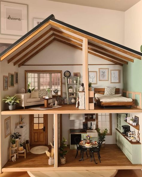 Mini Model House, Dollhouse Redo Inspiration, Modern Dollhouse Interior, Doll House Design Ideas, Renovated Dolls House, How To Make A Mini House, Dolls House Renovation, Doll House Painting Ideas, Wood Doll House Diy