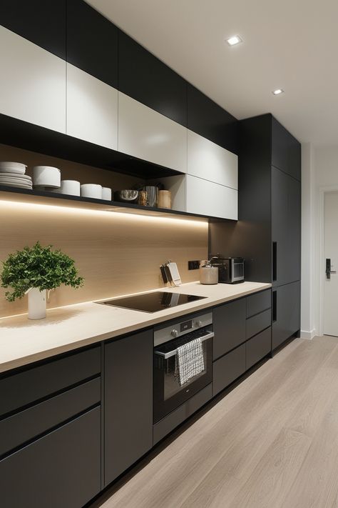 Love Modern Smart Home Interior, Two Tone Kitchen Cabinets Small Space, Kitchen Dark Cabinets Light Countertops, Black Small Kitchen, Kitchen Ideas Contemporary, Small Contemporary Kitchen, Black And Wood Kitchen, Small Kitchen Ideas Modern, Principles Of Interior Design