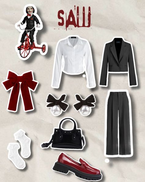 Saw outfit Saw Movie Party Theme, Jigsaw Outfit Halloween, Diy Saw Costume Women, White Button Down Halloween Costume, Cute Jigsaw Costume, Saw Party Theme, Saw Girl Costume, Diy Jigsaw Costume Women, Horror Outfits Halloween