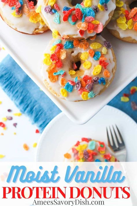 Vanilla Protein Donut Recipe, Fruity Pebble Protein Powder Recipes, Fruity Pebbles Protein Powder Recipes, Protein Eggs, Protein Donuts Recipe, Protein Sweets, Whipped Cottage Cheese, Prep Snacks, Donut Calories