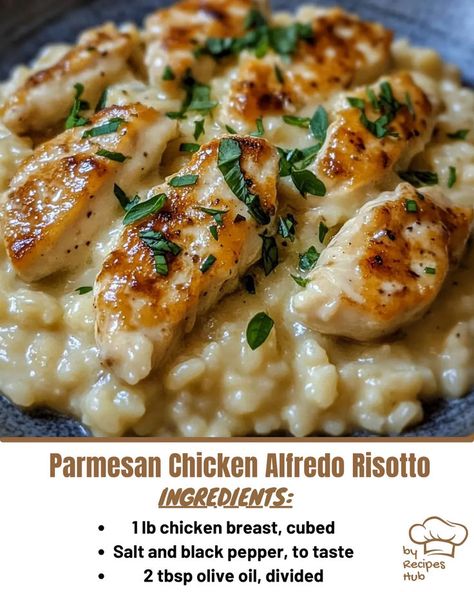 Parmesan Chicken Alfredo Risotto Chicken And Rice Risotto, Risotto Main Dish Recipes, Cozy Chicken Meals, Risotto Recipes With Chicken, Chicken Parmesan Risotto, Rizzoto Recipes Dinners, Chicken With Risotto Dinners, Alfredo Rice Recipes, Risotto Recipes With Meat