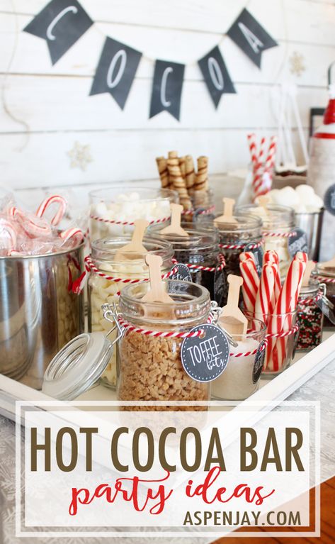 Awesome Hot Cocoa Bar Ideas! Love the wintry theme and she gives away a lot of free cute printables to help get you started with your hot chocolate bar! Definitely putting this together this year! #hotcocoabar #hotchocolatebar #hotcocoastation #hotcocoa #hotchocolate #holidayparty #christmasparty Hot Chocolate Bar Labels, Hot Cocoa Bar Party, Hot Chocolate Bar Party, Christmas Hot Chocolate Bar, Chocolate Bar Labels, Holiday Desserts Christmas, Diy Hot Cocoa, Diy Hot Chocolate, Chocolate Labels