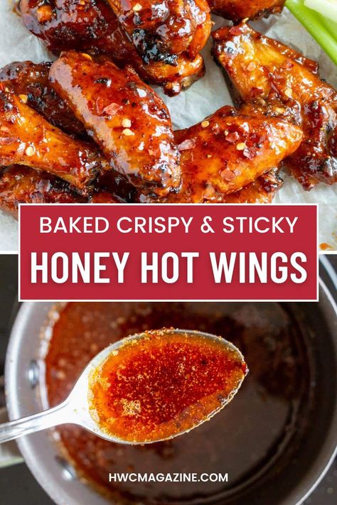 Oven baked honey hot wings are saucy, spicy, sweet, savory and ultra crispy. Learn our secret hacks for getting extra crispy chicken skin without frying, breading, or adding baking powder – its life changing! Hot Honey Recipe Chicken Wings, Honey Chipotle Chicken Wings, Honey Glazed Wings, The Best Hot Wings Recipe, Wings In Oven Crispy, Saucy Wings Recipe, Chicken Wings With Cornstarch, Wings Oven Baked, Crispy Chicken Wings Fried