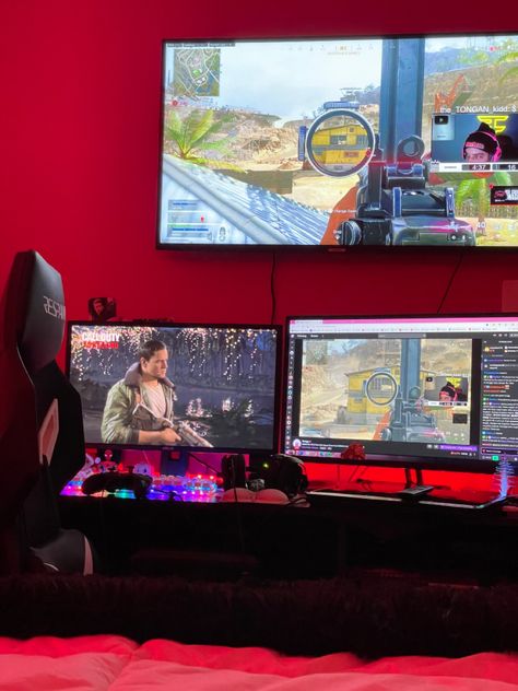 Gaming desk, lights, warzone Tv Desk Setup, Desk With Tv Above, Tv Above Desk, Desk With Tv, Bedroom Gaming Setup, Tv Desk, Bedroom Gaming, Desk Lights, Desk Bedroom