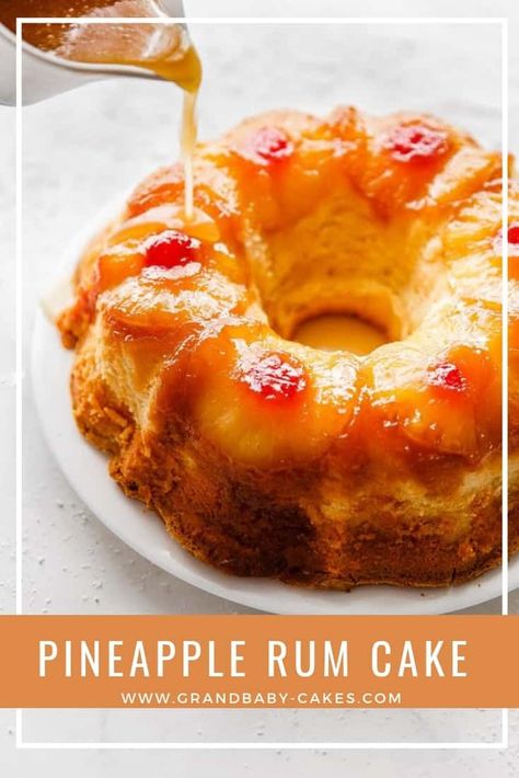 Pineapple Rum Cake Recipe – A homemade buttery sour cream pound cake is enhanced with sweet tropical pineapple flavor and a rum syrup.  The gorgeous pineapple upside down topping makes it a showstopper! #pineapple #rumcake #cake #bundt #poundcake via @grandbabycakes Pineapple Rum Cake, Rum Syrup, Cake Bundt, Rum Cake Recipe, Sour Cream Pound Cake, Pineapple Rum, Rum Cake, Pineapple Upside, Pineapple Upside Down Cake