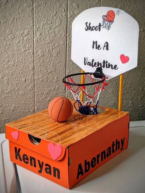 Basketball theme Valentine's box for school Basketball Goal Valentines Boxes, Basketball Ideas For Boyfriend, Basketball Valentines Gifts, Basketball Hoop Valentine Box Kids, Basketball Court Valentine Box Ideas, Basketball Valentines Boxes For Boys, Valentine Box Basketball, Basketball Diy Gifts, Basketball Boyfriend Gifts