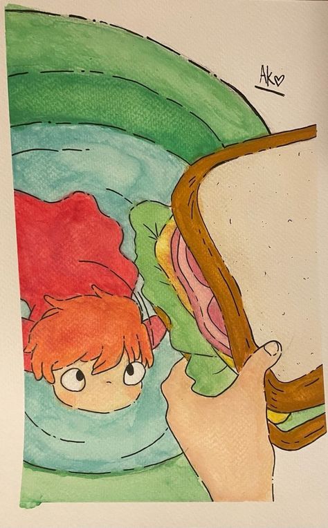 Studio Ghibli Art Ponyo, How To Draw Ponyo Studio Ghibli, Drawing Ideas Studio Ghibli, Simple Ghibli Art, Studio Gibhili Drawings, Studio Ghibli Aesthetic Drawing, Studio Gibhili Paintings, Gibli Studio Painting Ideas, Ponyo Anime Drawing