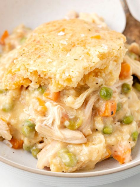 A bowl of this chicken dish with a fork beside it. Chicken Cobbler Recipe, Chicken Cobbler, Creamy Chicken Pot Pie, Cooking Chicken To Shred, Cobbler Recipe, Pot Pies Recipes, Chicken Pot Pie Recipes, Cobbler Recipes, Easy Casserole Recipes