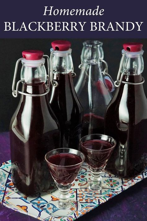 A tray with bottles and glasses filled with blackberry brandy Homemade Blackberry Liquor, Homemade Blackberry Brandy, Fruit Brandy Recipes, Blackberry Liquor Recipe, Fruit Liquor Recipes, Blackberry Mead Recipe, Best Blackberry Recipes, Homemade Brandy Recipes, Blackberry Brandy Recipe