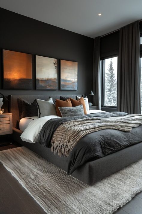 Coal Comfort Dark Modern Bedroom, Gray Bedroom Walls, Design Ložnic, Apartment Vibes, Tranquil Bedroom, Room Vibes, Mens Bedroom, Brown Bedroom, Grey Bedroom