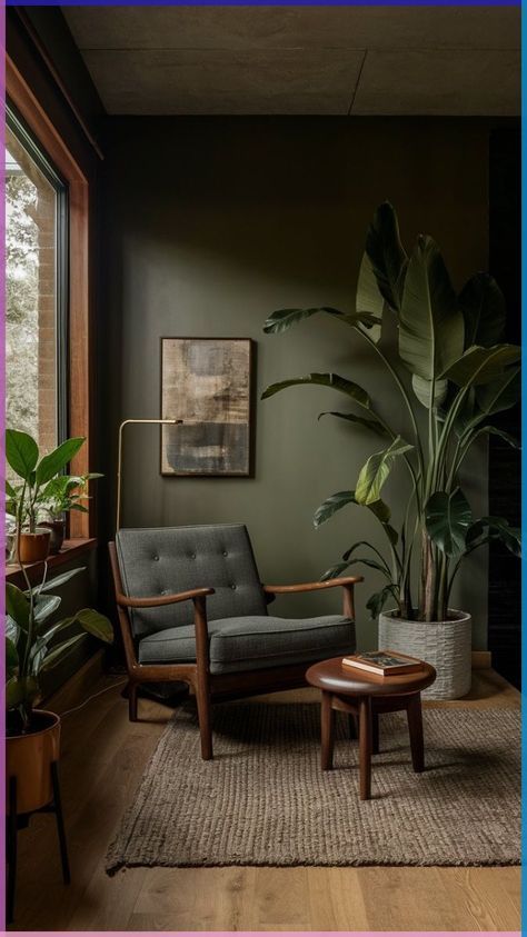 Living Room Designs Earthy Tones, Green Walls With Brown Furniture, Earthy Tones Office Interiors, Brown Green Interior Design, Earthy Tones Home Decor, Green Brown Apartment, Moody Nature Bedroom, Earthy Colours Living Room, Green Brown Interior Design