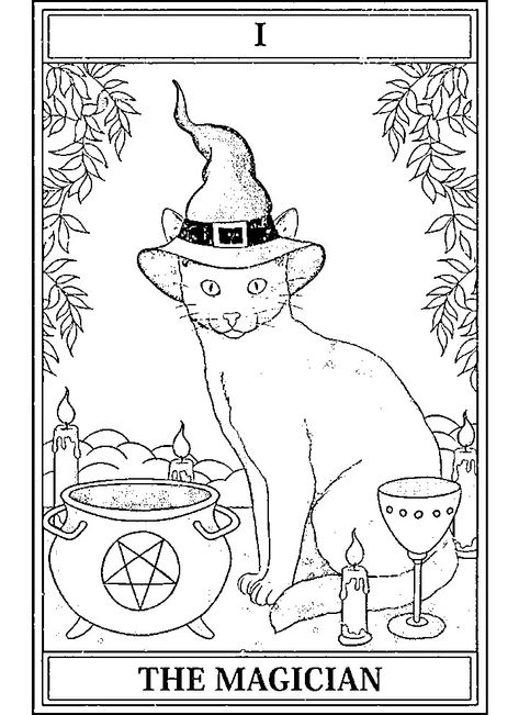 Cat witch witchy art print printable coloring page magic Tarot Card Coloring Pages, Coloring Pages Witchy, Gothic Coloring Pages For Adults, Witch Coloring Pages For Adults, Tarot Coloring Pages, Sketchy Doodles, Gothic Coloring Pages, Witchy Coloring Pages, Procreate Coloring