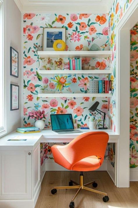 Funky Home Office Design, Bright Office Ideas, Colourful Office Interior, Colorful Home Office Ideas, 2 Desk Home Office, Small Office Nook, Colorful Office Space, Colorful Home Office, Office Sunroom