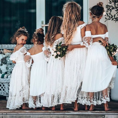 boho flower girl dresses with patterned lace Dressed In White, Boho Flower Girl, Bridesmaid Dresses Boho, Wedding Dress Guide, Wedding Flower Girl Dresses, Boho Bridesmaid, Dress Guide, Flower Girl Dress Lace, Wedding Forward