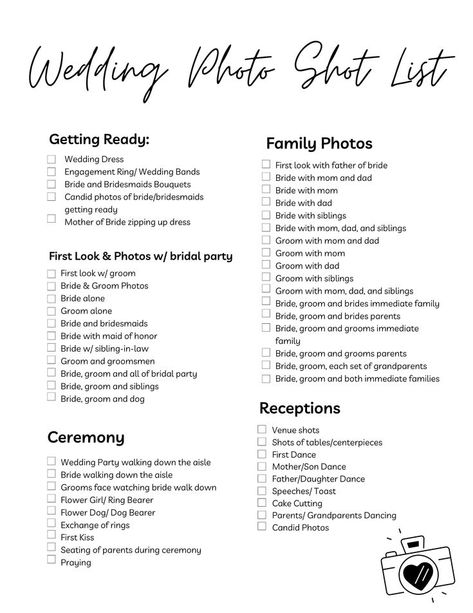 Wedding Photo Lists For Photographer, 1 Month Wedding Checklist, Photography Checklist For Wedding, Wedding Picture Checklist Photographers, Wedding Day Photo Checklist, List Of Pictures For Wedding Day, Important Photos On Wedding Day, Order Of Pictures For Wedding, Photograph List For Wedding