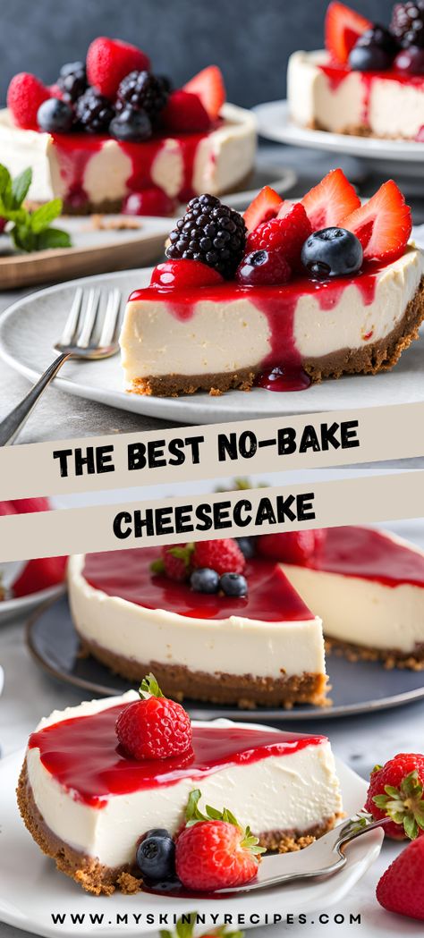 Indulge in the Best No-Bake Cheesecake! 🍰✨ Creamy, rich, and incredibly easy to make, this cheesecake is a dream dessert for any occasion. With a buttery graham cracker crust and a luscious cream cheese filling, it's a crowd-pleaser that's ready in no time. Top with your favorite fruits, preserves, or whipped cream for a personalized touch. Perfect for parties, potlucks, or a sweet treat any day of the week! #NoBakeCheesecake #EasyDessert #CreamyDelight #SweetTreats #myskinnyrecipes 🍓🥧 No Bake Cheesecake With Heavy Cream, Na Bake Cheesecake, No Bake Creamy Cheesecake, No Bake New York Cheesecake Recipes, Cheesecake In Muffin Tins, Cheese Cakes For Birthday, Jello No Bake Cheesecake Recipes, Nobakecheesecake Recipes, Cheesecake No Bake Recipes