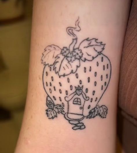 Strawberry Shortcake House Tattoo, Nostalgic Tattoos 2000s, 2000s Nostalgia Tattoo, James And The Giant Peach Tattoo, Strawberry Shortcake Tattoos, Childhood Book Tattoos, Strawberry Shortcake Tattoo Ideas, Strawberry Shortcake Tattoo, Quirky Tattoos