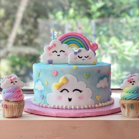 First Birthday Cloud Theme, Rainbow Theme Birthday Cake, On Cloud 9 Cake Ideas, On Cloud 9 Birthday Party Cake, One Cake Birthday, Cloud Nine Birthday Party Cake, 9th Birthday Cake For A Girl, Cloud Theme Cake 1st Birthdays, On Cloud Nine Birthday Cake