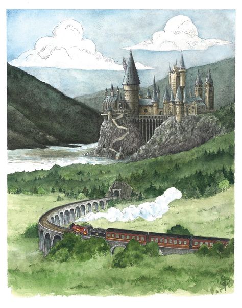 Hogwarts Painting, Fanart Harry Potter, Harry Potter Watercolor, Magic Watercolor, Harry Potter Train, Harry Potter Castle, Harry Potter Phone, Art Harry Potter, Train Illustration