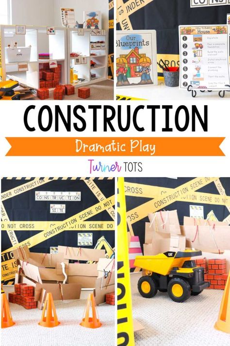 Let’s build the perfect construction site dramatic play area for your preschoolers! This bundle of dramatic play materials includes all of the printables you need to jump-start setting up your construction dramatic play area. Blueprints, road plans, ‘how to build’ activities, construction tools, and vehicle printables are all included in this extensive bundle. Click to get everything you need to create your construction dramatic play center right at your fingertips! Buildings Dramatic Play Preschool, Construction Kids Activities, Construction Dramatic Play Preschool, Construction Area Ideas, Construction Dramatic Play, Construction Play Area, Construction Invitations, Dramatic Play Center, Drama Activities