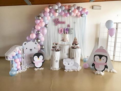 Penguin Themed Birthday Party, Purple Monochromatic, Penguin Birthday Party, Pedestal Tables, Penguin Birthday, Winter Wonderland Birthday, Winter Birthday Parties, Boys 1st Birthday Party Ideas, Penguin Party