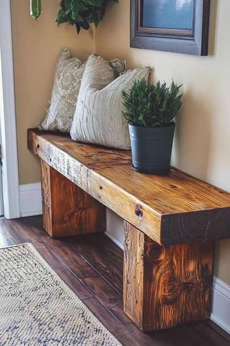 "Add rustic charm to your home with a DIY Rustic Wood Bench! 🛠️🪑 Perfect for creating a functional and stylish piece of furniture. 🌟✨ #RusticBench #DIYProjects #WoodCrafts" Old Lumber Ideas Diy Projects, Raw Wood Furniture Diy, Rustic Bench Bedroom, Diy Rustic Wood Bench, Small Furniture Ideas, Diy Wood Decor Ideas, Rustic Entry Bench, Entryway Bench Diy, Salvaged Wood Projects