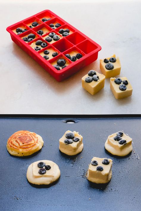 Frozen Mini Pancakes Ideas, Mini Pancake Meal Prep, Camping Pancake Hacks, Pancake Ice Cube Tray, Frozen Pancake Ideas, Ice Cube Tray Pancakes, Frozen Pancake Batter Cubes, Ice Cube Pancakes, Freezer Pancakes Recipes