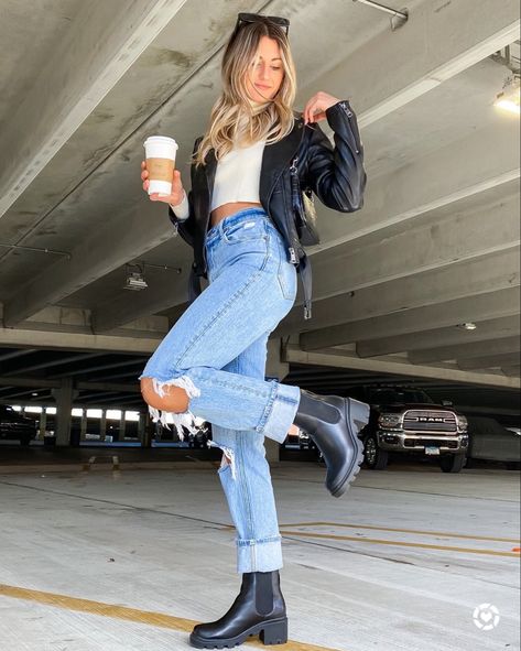 Fall outfit inspo, leather jacket, black boots, Abercrombie jeans, Steve Madden, turtle neck from zoeyandopal.com Sz small in the jacket, 25 in jeans (size down 1 sz) shoes TTS Follow my shop @kristinendalton on the @shop.LTK app to shop this post and get my exclusive app-only content! #liketkit #LTKSeasonal #LTKshoecrush #LTKHoliday @shop.ltk http://liketk.it/3r9aO Dress And Combat Boots Outfit, Steve Madden Boots Outfit, Black Booties Outfit, Chunky Boots Outfit, Jeans Boots Outfit, Black Leather Jacket Outfit, Fall Boots Outfit, Black Boots Outfit, Booties Outfit