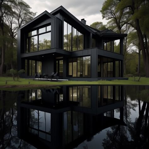 Exterior Lake House, Dark Green Exterior, All Black House, Dark Modern Home, Black Luxury House, Matte Black House, Black Modern House, Dark Modern House, Dream House Pictures