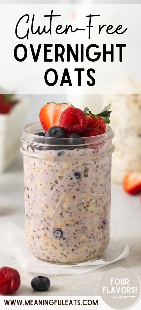 A glass jar filled with overnight oats topped with fresh berries No Oats Overnight Oats, Quinoa Flakes Overnight Oats, Gut Protocol Overnight Oats, Overnight Oats Without Oats, Overnight Oats Healthy Gluten Free, Overnight Gluten Free Oats, Oat Flour Overnight Oats, Gluten Free Rolled Oats Recipes, Gluten And Dairy Free Overnight Oats