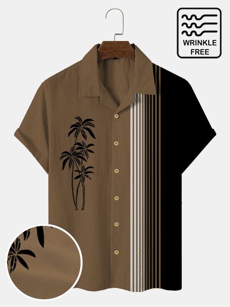 Vintage Bowling Shirts, Seersucker Shirt, African Shirts, Chic Shirts, Bowling Shirt, Fashion 1950s, Beige Shorts, African Men Fashion, Beach Shirt