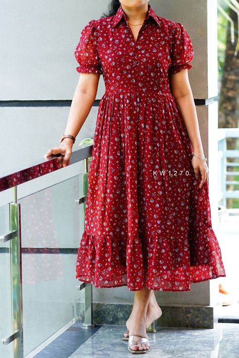 Long Frocks With Collar Neck, Nee Length Frock, Collar Neck Gown Designs, Womens Frocks Dresses, Collar Neck Long Frock Designs, Frock Models Short, Collar Frock Designs, New Western Dress Designs, Collar Neck Frock