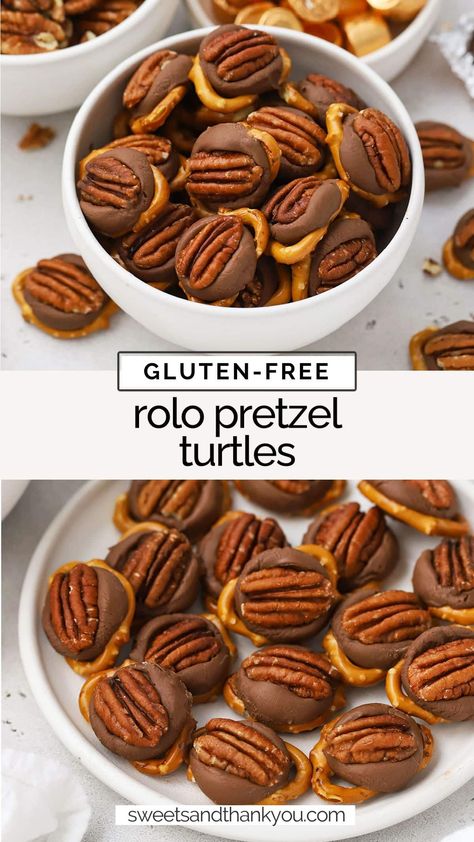 Let's make Gluten-Free Rolo Pretzels! This easy Rolo turtles recipe is the perfect easy holiday treat to add to your cookie plate this year! / gluten free rolo pretzel delights / gluten free rolo pretzel bites recipe / gluten free rolo pretzel turtles recipe / easy gluten-free holiday treat / gluten free cookie exchange recipe / gluten free holiday baking / gluten free christmas treat / gluten free rolo pretzel candy recipe Pretzel Rollo Pecan Christmas Treats, Dairy Free Gluten Free Christmas Appetizers, Gluten Free Cookie Exchange Recipes, Gluten Free Dairy Free Party Snacks, Gluten Free Pretzel Dessert, Nut Free Christmas Snacks For Kids, Christmas Baking Ideas Gluten Free, Gluten Free Haystacks Recipe, Christmas Finger Foods Gluten Free