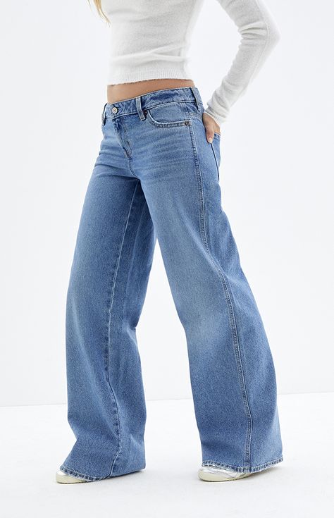 Cute Clothes Jeans, Low Waisted Bootcut Jeans, Baggy Jeans Mid Rise, Wide Leg Medium Wash Jeans, Baggy Flare Jeans, Midrise Jeans, Baggy High Rise Cotton Jeans, Dark Blue Baggy Jeans, Affordable Baggy Wide-leg Jeans