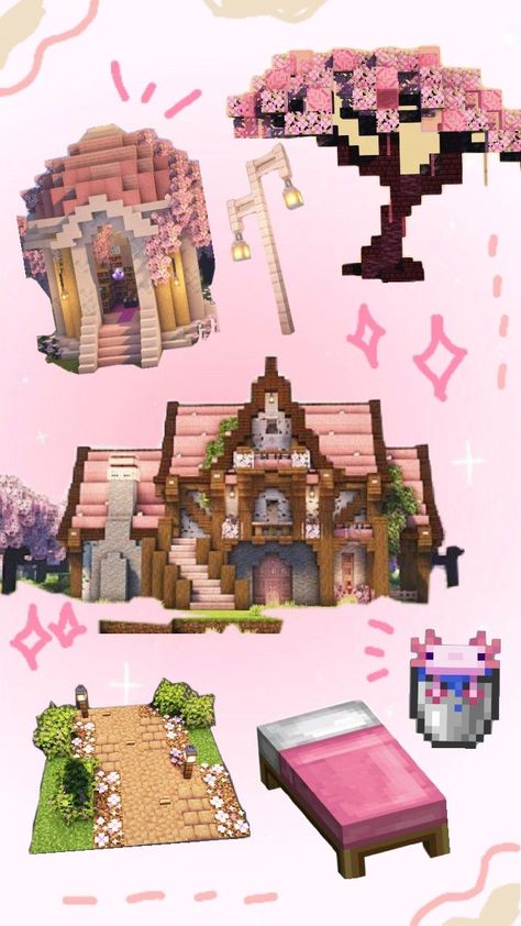 credit to the real owner of build Minecraft Houses Pale Oak, Fairy Garden Minecraft Ideas, Minecraft Pink Pallet, Minecraft Pink Decoration, Minecraft Pink Floor Designs, Fairy Path Minecraft, Cherry Spruce House Minecraft, Cutecore Minecraft House, Minecraft Circle Doorway