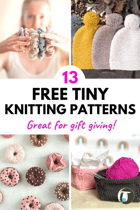 13 FREE Small Knitting Projects that Make Great Gifts! Quick and easy tiny knitting patterns include a bandana, hat, small basket, mini donuts, tiny purse keychain, hair scrunchies, bracelet, dog sweater, baby booties, rings, socks, and coin purse! Fun Easy Knitting Projects, Knit Ideas Creative, Knitting Crafts For Beginners, Knits To Sell, Knitting Patterns Small Projects, Quick Beginner Knitting Projects, 4mm Knitting Pattern, Free Small Knitting Patterns, Size 4 Yarn Knitting Patterns