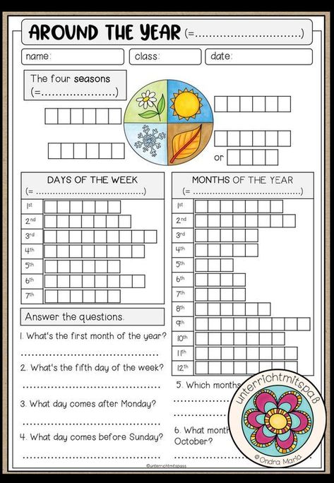 This is a fun ESL worksheet to practice the months, days of the week and seasons. Seasons Worksheets, English Activities For Kids, English Exercises, Learning English For Kids, English Worksheets For Kids, Kids English, English Classroom, English Language Teaching, English Course