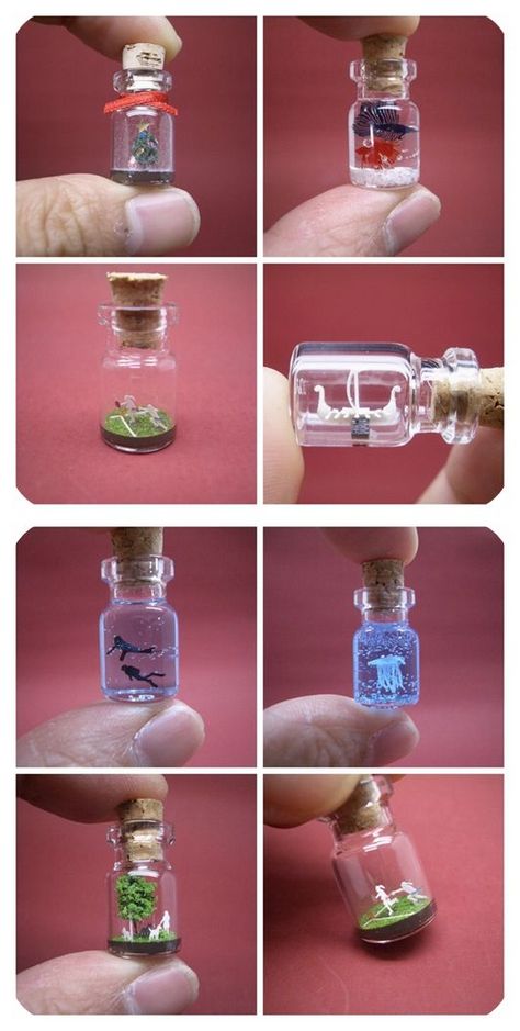 Miniature Artsmicro-sculptures/tiny world in a mini glass bottle Tiny Glass Bottles Craft Ideas, What To Put In Tiny Glass Bottles, Mini Glass Container Ideas, Diy Small Glass Bottles, Tiny Bottle Necklaces, What To Do With Small Glass Jars, What To Do With Small Glass Bottles, Glass Vial Crafts, Mini Cork Bottle Ideas